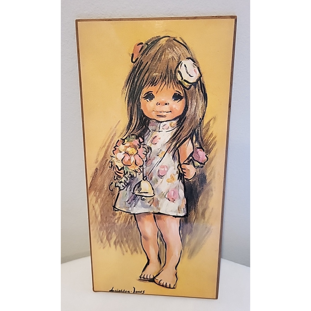 VTG 70s Big Eyes Art Print on board Barry Leighton Jones "Street Urchin" Girl